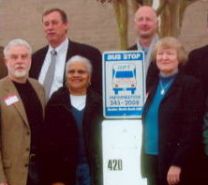 Alice with Hillsborough Mayor Tom Stevens, Triangle Transit Authority's John Claflin, Orange County School Board Member Dolores Simpson, and Town of Hillsborough Commissioner Eric Hallman at the Hillsborough to Chapel Hill route 420 bus dedication